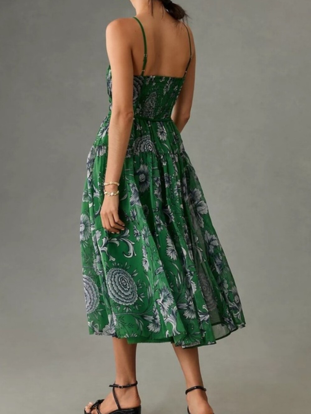Anthropologie Green Floral Midi Dress Small Smocked Back Sweetheart Boho Cottage - Picture 9 of 11